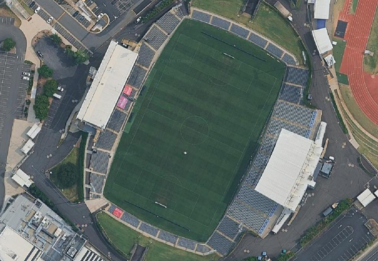 Aerial view of Campbelltown Sports Stadium showing Gate A, Gate B, Gate C, the Ticket Box and the Bulls Precinct